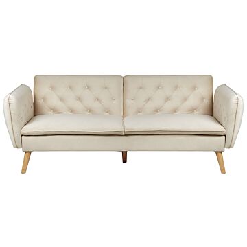 Sofa Bed Beige Velvet Upholstered Convertible Couch Modern Design Buttoned Backrest Beliani