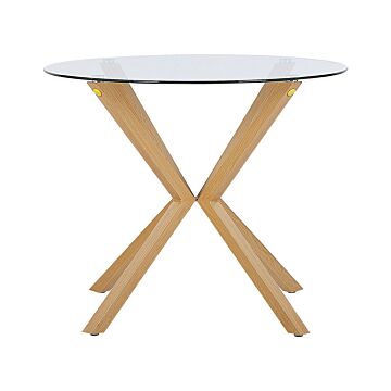 Round Dining Table Tempered Glass Top Light Wood Ø 90 Cm Scandinavian Beliani