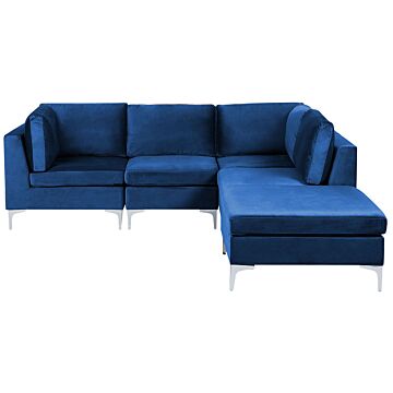 Left Hand Modular Corner Sofa Blue Velvet 4 Seater With Ottoman L-shaped Silver Metal Legs Glamour Style Beliani