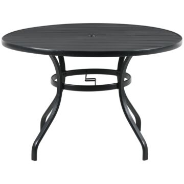 Outsunny Garden Table With Parasol Hole, Outdoor Dining Garden Table For Four Persons, Round Patio Table With Slatted Metal Top, Black