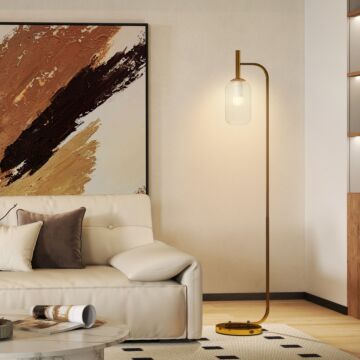 Homcom Floor Lamp For Living Room With Glass Lampshade, Modern Standing Lamp With Foot Switch For Bedroom, Bulb Not Included, Gold Tone