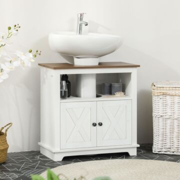 Kleankin Under Sink Cabinet Bathroom Vanity Unit With Double Doors And Storage Shelves, 60 X 30 X 60cm, White