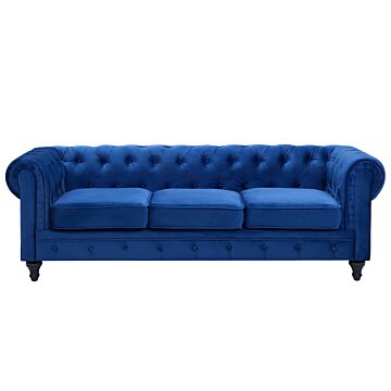 Chesterfield Sofa Blue Velvet Fabric Upholstery Black Legs 3 Seater Contemporary Beliani