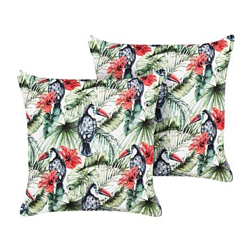 Set Of 2 Outdoor Cushions Multicolour Polyester 45 X 45 Cm Square Toucan Print Motif Pattern Scatter Pillow Garden Patio Beliani