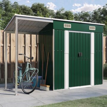 Vidaxl Garden Shed With Extended Roof Green 277x110.5x181 Cm Steel