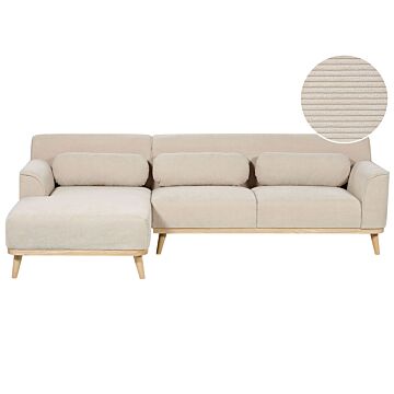 Corner Sofa Beige Corduroy Rubberwood Base 3 Seater Right Hand Retro Couch Settee Jumbo Cord Living Room Beliani