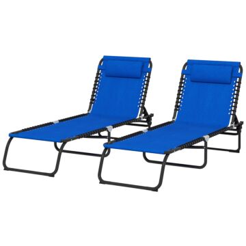 Outsunny 2 Pcs Folding Sun Lounger Beach Chaise Chair Garden Cot Camping Recliner With 4 Position Adjustable Blue