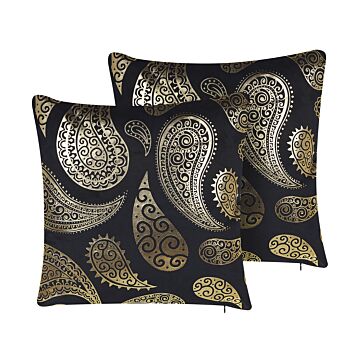 Set Of 2 Cushions Gold Velvet 45 X 45 Cm Paisley Foil Print With Filling Zipper Scatter Throw Pillow Beliani