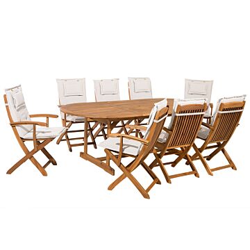 Outdoor Dining Set Light Acacia Wood With Off-white Cushions 8 Seater Table Folding Chairs Rustic Design Beliani
