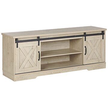 Tv Stand Light Wood Storage Media Unit For Up To 70ʺ Tv With Shelves Sliding Doors Rustic Style Beliani