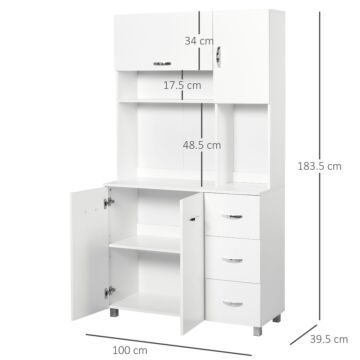 Homcom Freestanding Kitchen Storage Unit W/ Cupboard Cabinets Open Compartments Drawers Metal Handles Side Shelf Server Organisation Furniture White