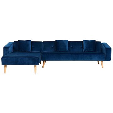 Corner Sofa Bed With 3 Pillows Blue Velvet Upholstery Light Wood Legs Reclining Right Hand Chaise Longue 4 Seater Beliani
