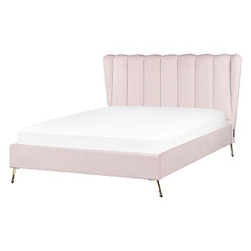 Bed Frame Pink Velvet Upholstery Golden Metal Legs Eu Double Size 4ft6 With Usb Port Headboard Modern Glam Bedroom Beliani