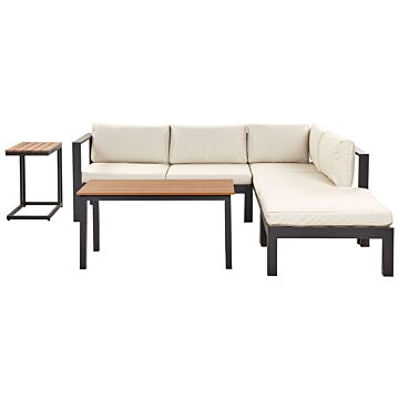 5 Seater Garden Corner Sofa Set Black Metal Frame Beige Cushions Slatted Coffee Table Modern Scandinavian Outdoor Conversation Set Beliani