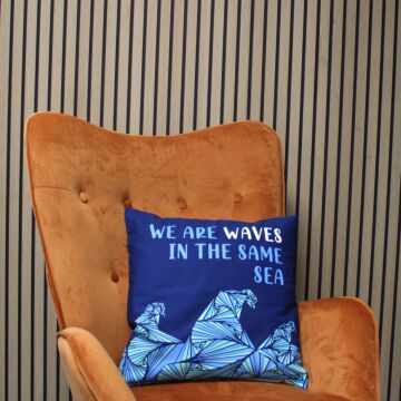 Printed Cotton Cushion Cover - We Are Waves - Grey, Blue And Natural