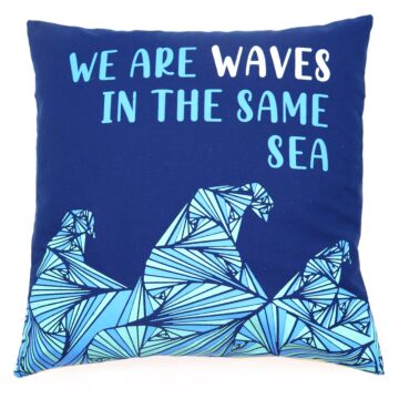 Printed Cotton Cushion Cover - We Are Waves - Grey, Blue And Natural