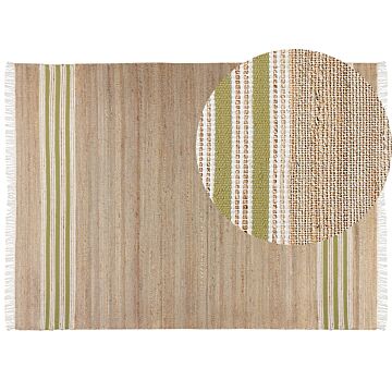 Area Rug Beige And Green Jute 160 X 230 Cm Rectangular Dhurrie With Tassels Striped Pattern Handwoven Boho Style Hallway Beliani