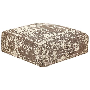 Floor Cushion Beige And Brown Cotton 50 X 50 X 20 Cm Abstract Pattern Square Fabric Seating Pouffe Beliani