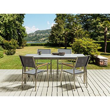 Garden Dining Set Grey Tabletop Glass Stainless Steel Frame Grey Set Of 4 Chairs Textilene Modern Outdoor Style Beliani