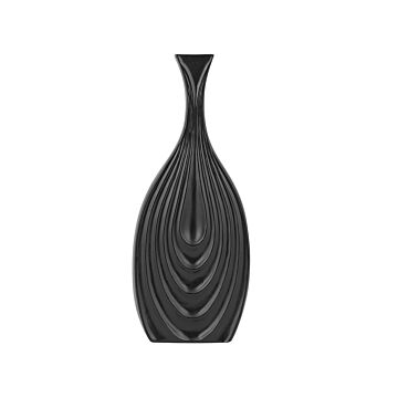Decorative Table Vase Black Porcelain Carved Surface Irregular Shape 39 Cm Beliani