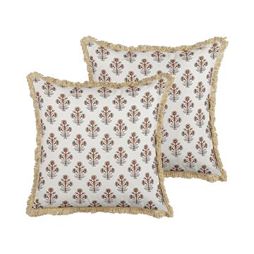 Set Of 2 Scatter Cushions Cotton Flower Pattern 45 X 45 Cm Decorative Tassels Removable Cover Decor Accessories Beliani