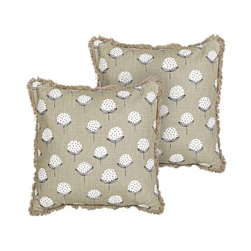 Set Of 2 Scatter Cushions Beige Cotton 45 X 45 Cm Square Handmade Throw Pillows Printed Floral Pattern Removable Cover Beliani