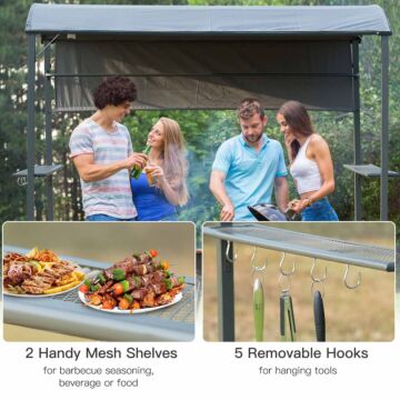 Outsunny 2.2 X 1.4m Bbq Shelter, Outdoor Grill Gazebo Canopy With Shelves, Hanging Hooks & Metal Frame, For Garden Patio Backyard, Grey