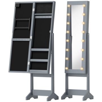 Homcom Free Standing Mirror Jewelry Cabinet With Led Lights, Jewellery Organiser With 3 Angle Adjustable, Full-length Mirror With Storage For Earrings, Necklaces, Rings And Lipsticks, Grey