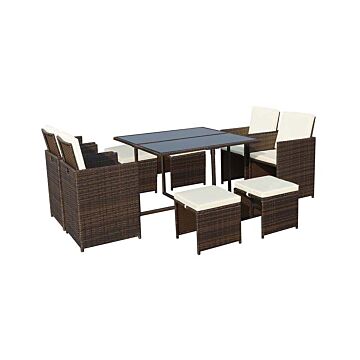 Cannes Brown 8 Seater Cube Set 110cm Square Table, 4 Kd Cube Chairs With Folding Backrests And 4 Footstools Including Cushions