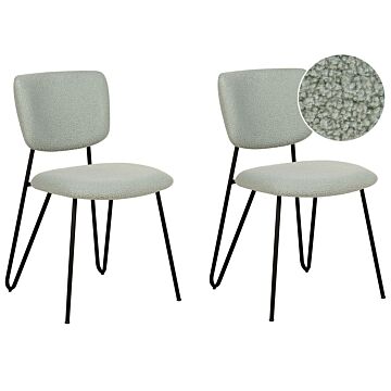Set Of 2 Dining Chairs Light Green Boucle Upholstery Black Metal Legs Armless Curved Backrest Modern Contemporary Design Beliani