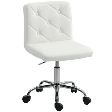 Homcom Pu Leather Armless Office Chair, Modern Vanity Computer Swivel Chair With Rolling Wheels And Adjustable Height For Home Study, Bedroom, White