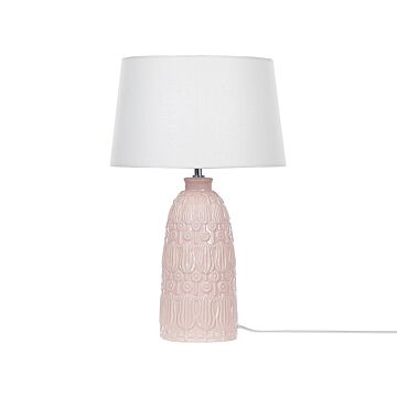 Table Lamp Pink Ceramic Adorned Base White Fabric Shade Boho Rustic Design Home Lightning Beliani
