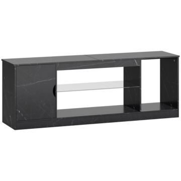 Homcom Tv Stand Cabinet, Marble Effect Tv Unit For Up To 55" Tvs With Glass Shelf And Storage Cabinet, Entertainment Unit For Living Room, Bedroom, Black