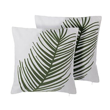 Set Of 2 Decorative Cushions White With Green Cotton Palm Leaf Print 45 X 45 Cm Floral Motif Modern Retro Decor Accessories Beliani