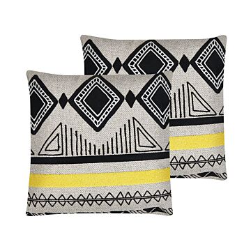 Set Of 2 Scatter Cushions Black With Beige Polyester 45 X 45 Cm Boho Zip Living Room Bedroom Beliani