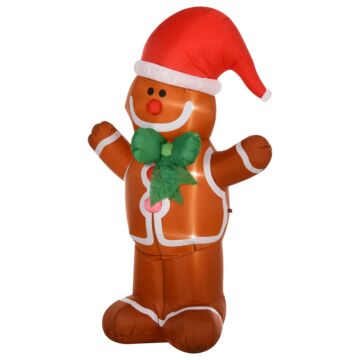 Homcom 183cm Christmas Inflatable Gingerbread Man Holiday Yard Lawn Decoration With Led Lights, Indoor Outdoor Blow Up Decor