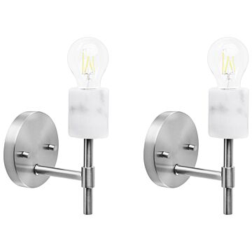Set Of 2 Wall Lamps White And Silver Metal Marble Adjustable Lampshade Industrial Beliani