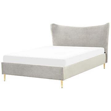 Eu Double Size Bed Light Grey Velvet 4ft6 Upholstered Frame Metal Legs Slatted Base Headboard Modern Glam Style Bedroom Beliani