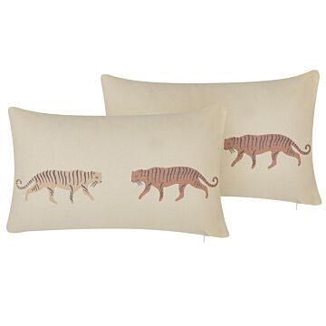 Set Of 2 Scatter Cushions Beige 30 X 50 Cm Tiger Motif Decorative Throw Pillows Removable Covers Zipper Closure Modern Boho Style Beliani