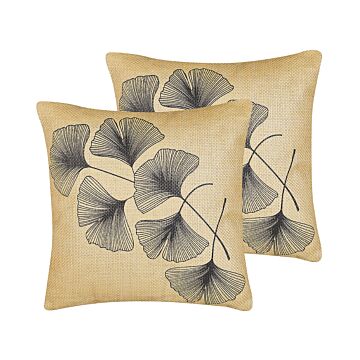Set Of 2 Decorative Cushions Beige Leaves Print 45 X 45 Cm Nature Inspired Motif Modern Glamour Decor Accessories Beliani
