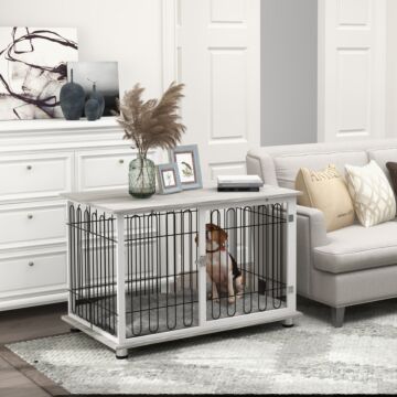 Pawhut Indoor Dog Crate Furniture, Side End Table, With Soft Washable Cushion, Lockable Doors, For Big Dogs