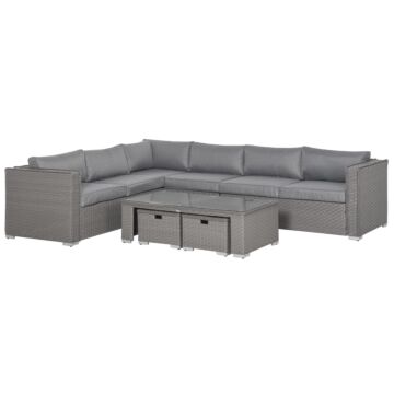 Outsunny 8-seater Pe Rattan Garden Corner Sofa Set Outdoor Wicker Conservatory Furniture Coffee Table Footstool, Grey