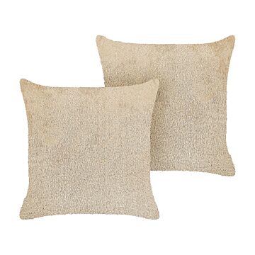 Set Of 2 Decorative Cushions Beige Polyester 45 X 45 Cm Boho Design Decor Accessories Beliani