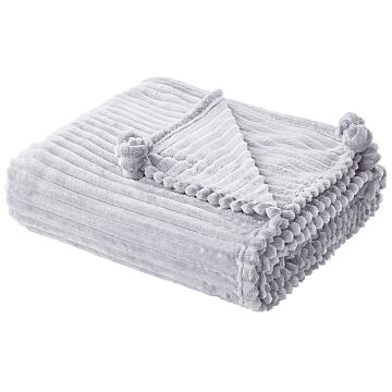 Blanket Light Grey Polyester 150 X 200 Cm Ribbed Structure With Pom-poms Throw Bedding Beliani