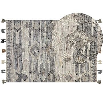 Kilim Area Rug Grey Wool And Cotton 160 X 230 Cm Handmade Woven Boho Patchwork Pattern With Tassels Beliani