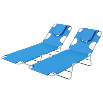 Outsunny Foldable Sun Lounger Set Of 2 With Reading Hole, Portable Sun Lounger With 5 Level Adjustable Backrest, Reclining Lounge Chair With Side Pocket, Headrest Pillow, Blue