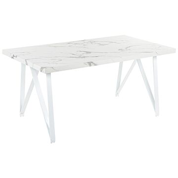 Dining Table White Marble Effect Mdf Tabletop 160 X 90 Cm X-cross Metal Legs Kitchen Table Beliani