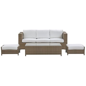 Outdoor Sofa Set Brown Faux Rattan 3 Seater Sofa With Table And 2 Ottomans White Cushions Beliani