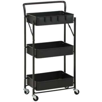 Homcom 3 Tier Storage Trolley Cart, Foldable Rolling Utility Cart With 3 Mesh Baskets, 4 Removable Hooks For Living Room, Laundry And Kitchen, Black