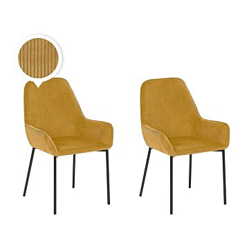 Set Of 2 Dining Room Chairs Yellow Corduroy Fabric Upholstered Seat Black Metal Legs Modern Style Beliani
